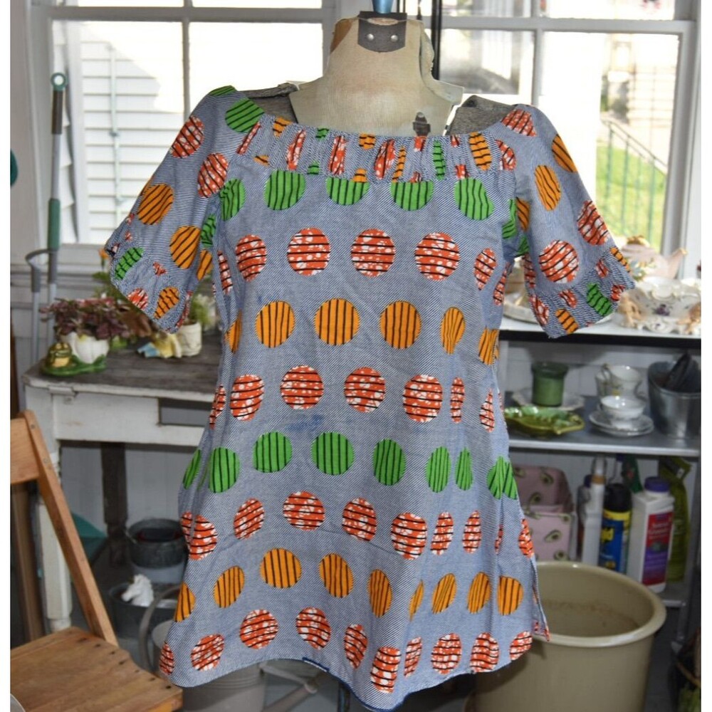 1960s Geometric Hippy Shirt: Colorful Graphic Circles SS, Handmade Size Large
